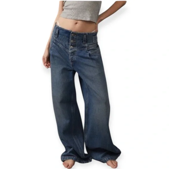 Free People We The Free Super Sweeper Wide Leg Jeans In The West Wash Size Med - Picture 9 of 14